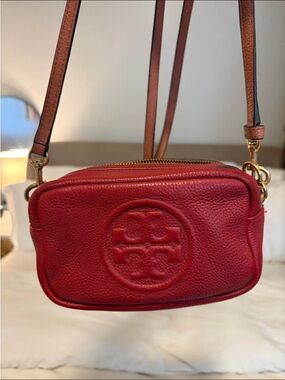 Tory Burch Red Pebbled Leather Logo Crossbody